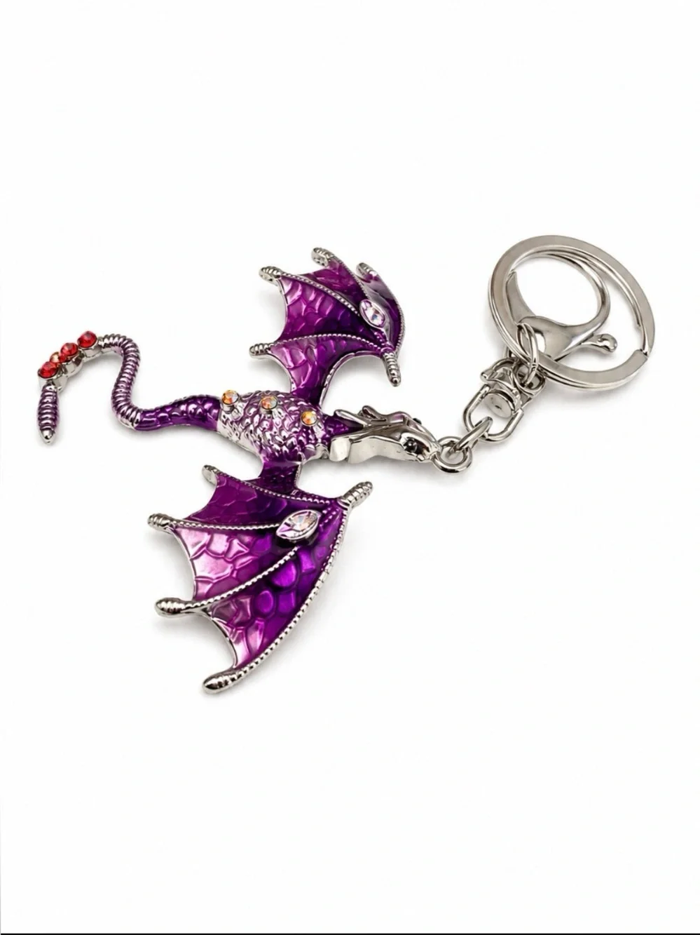 Dragon Bag Charm Keychain with Key Ring for Purse Handbag Purple Rhinestone New